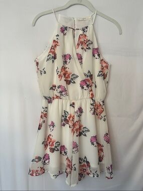 Lush Ivory Halter Romper with Pink and Coral Floral Print